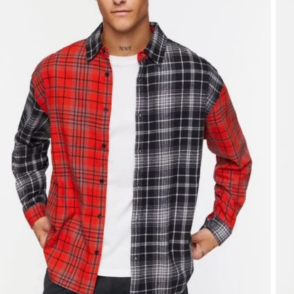 Forever 21 Plaid Color Blocking Button Down Shirt… - image 1